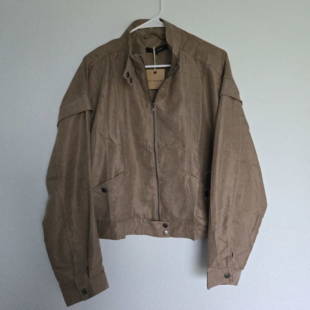 Blu Pepper Tan Suede Zip Jacket Womens Size Large – Edgy Layering Piece
